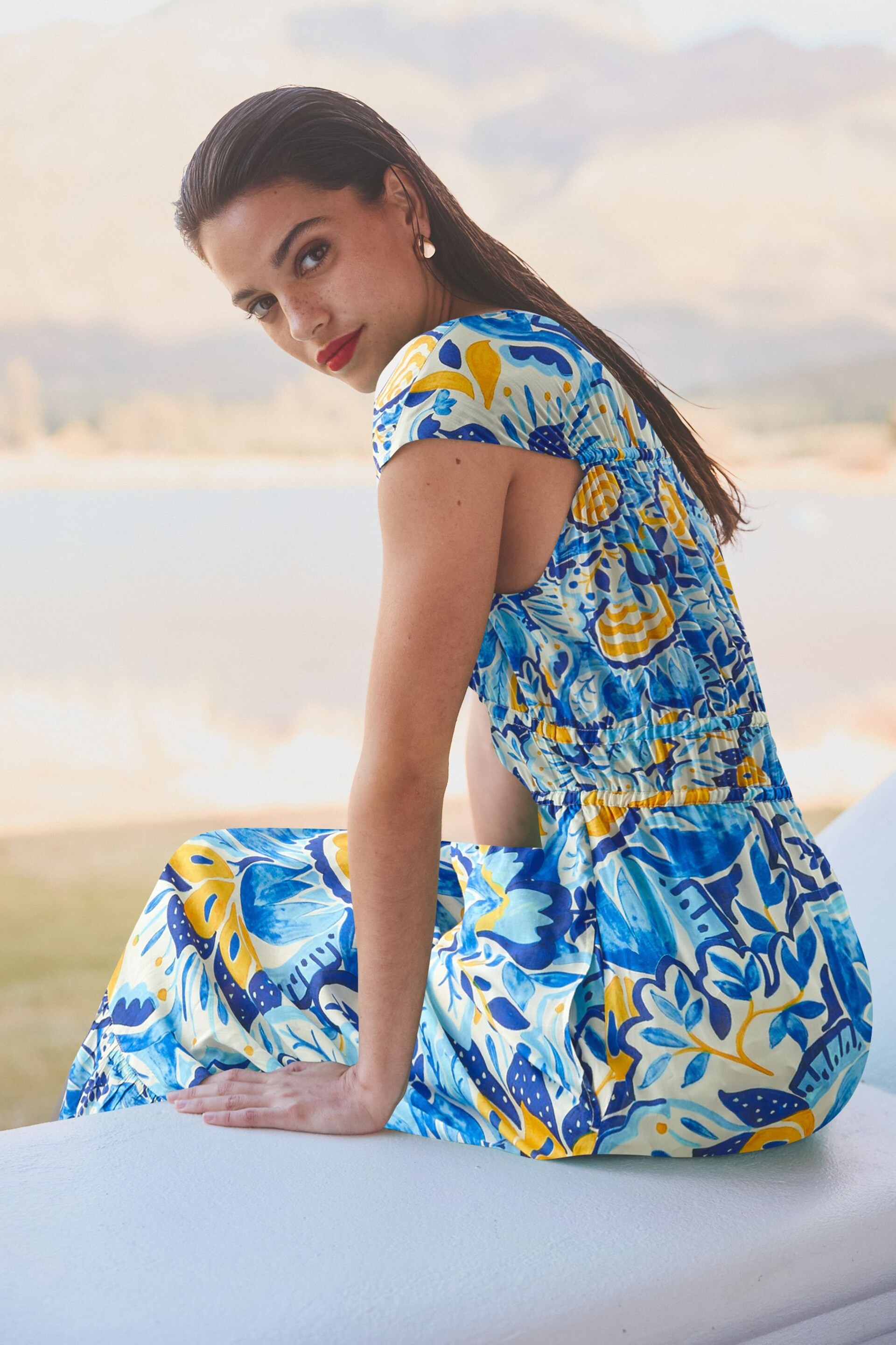 Blue/Yellow Leaf Print Tie Front Short Sleeve Maxi Dress - Image 4 of 6