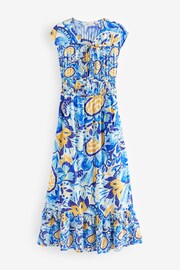 Blue/Yellow Leaf Print Tie Front Short Sleeve Maxi Dress - Image 5 of 6