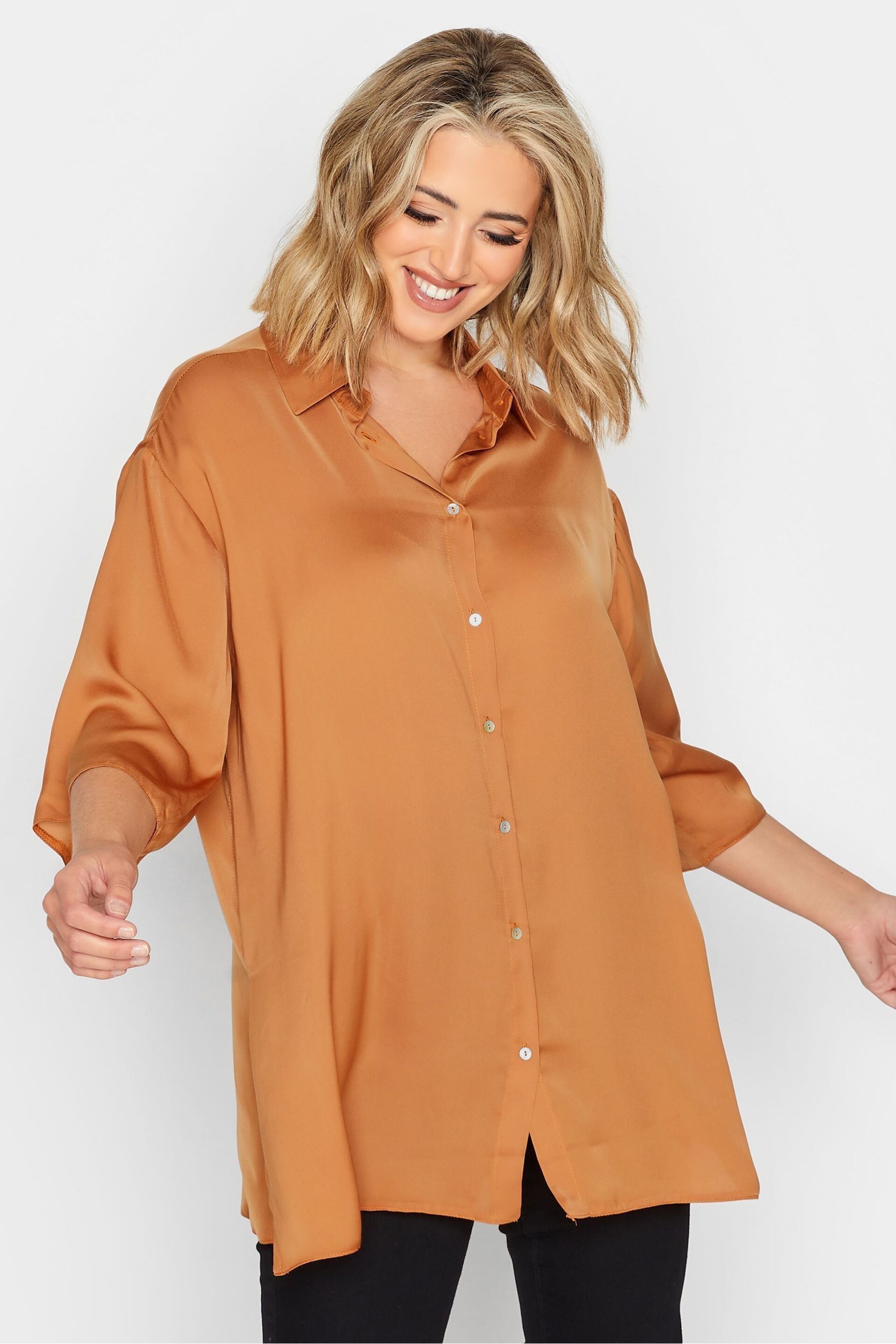 Yours Curve Orange Collared 3/4 Sleeved Shirt - Image 1 of 4