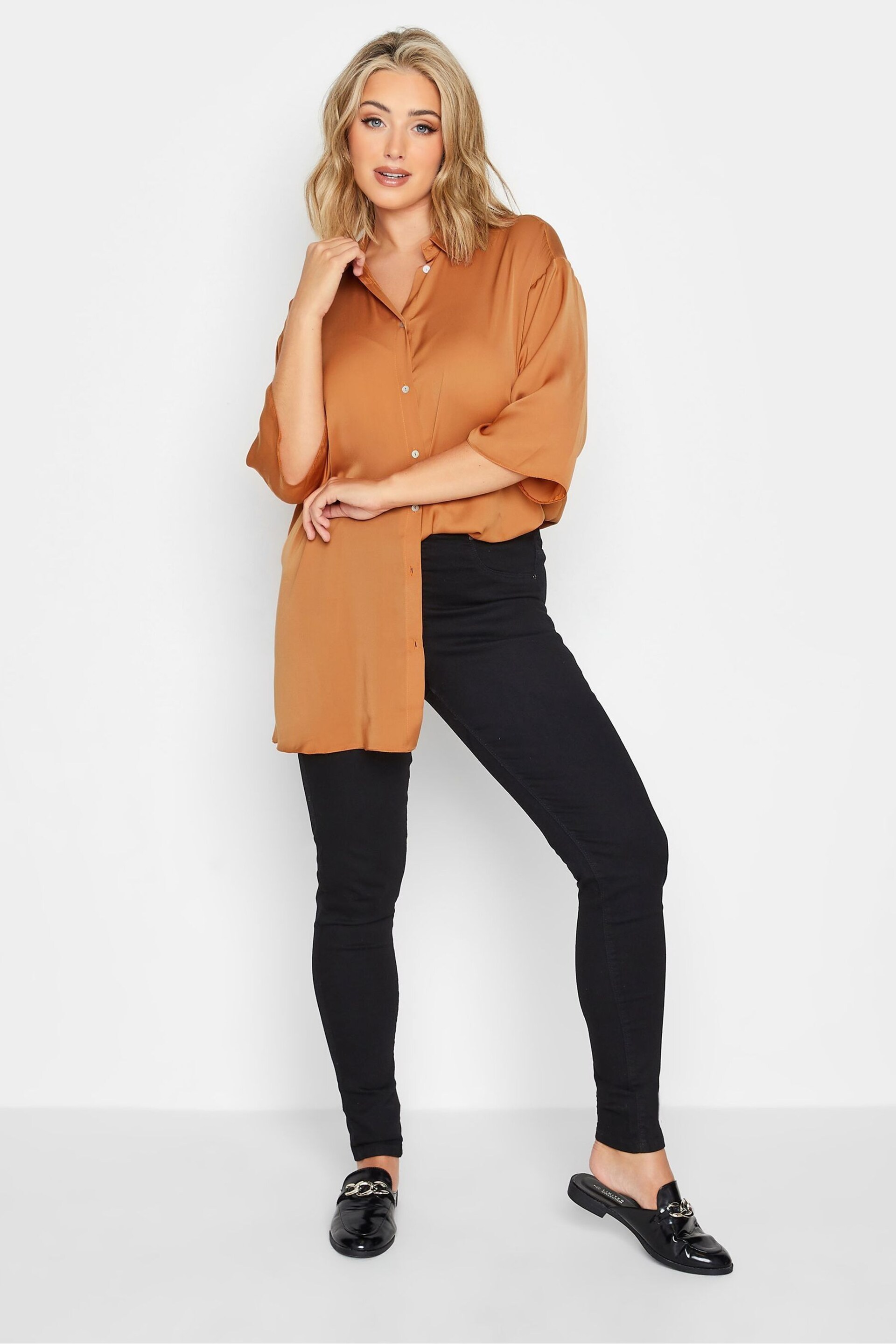 Yours Curve Orange Collared 3/4 Sleeved Shirt - Image 3 of 4