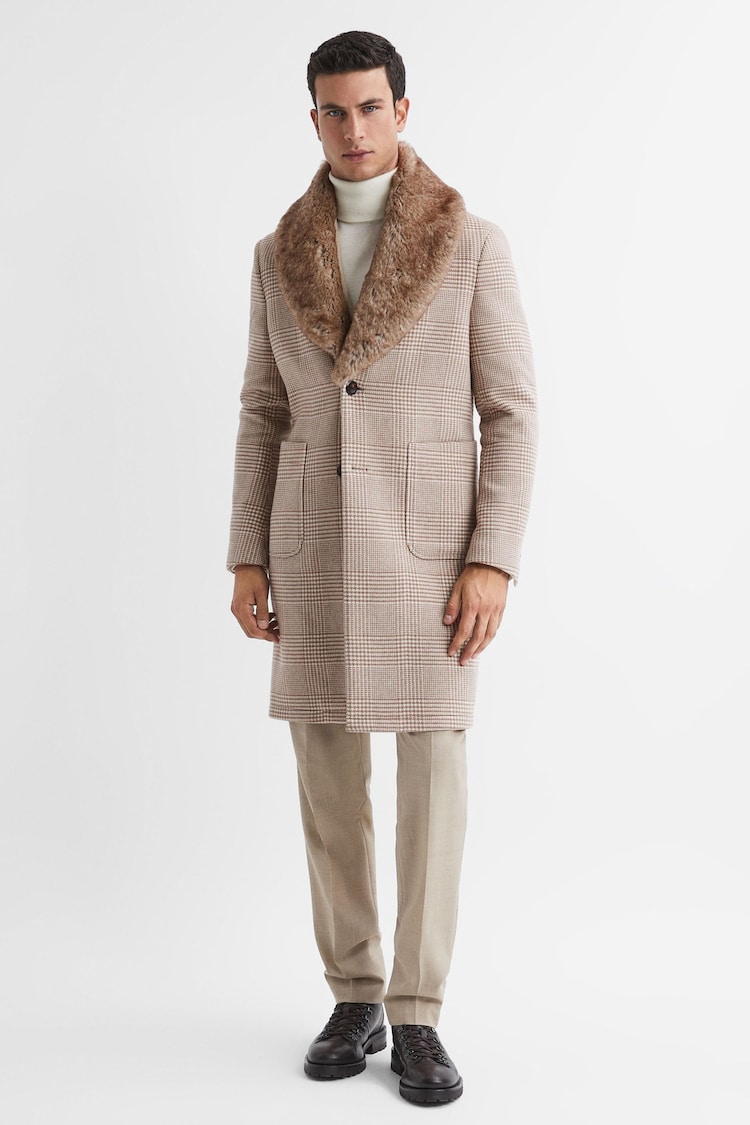 Reiss Oatmeal Jackie Wool Check Faux Fur Lapel Coat - Image 1 of 5