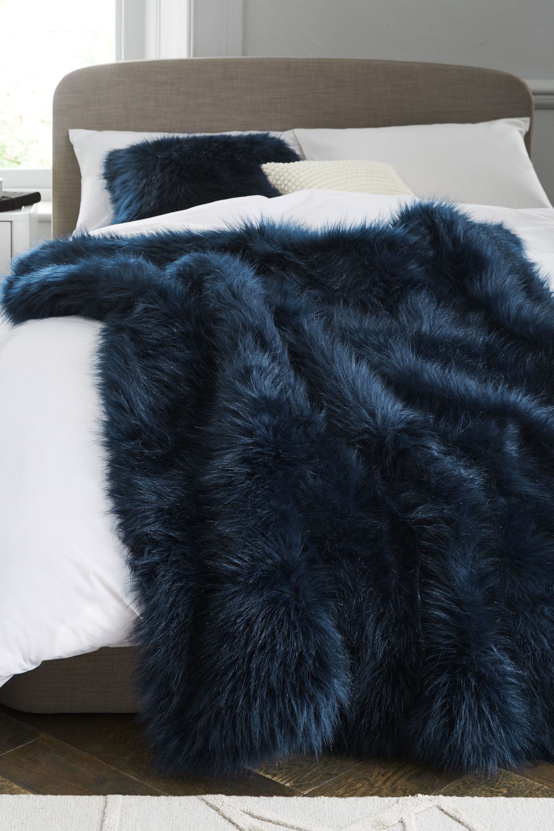 Buy Navy Blue Long Faux Fur Throw from Next Luxembourg