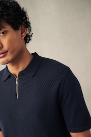 Navy Blue Regular Fit Knitted Bubble Textured 100% Cotton Polo Shirt - Image 1 of 4