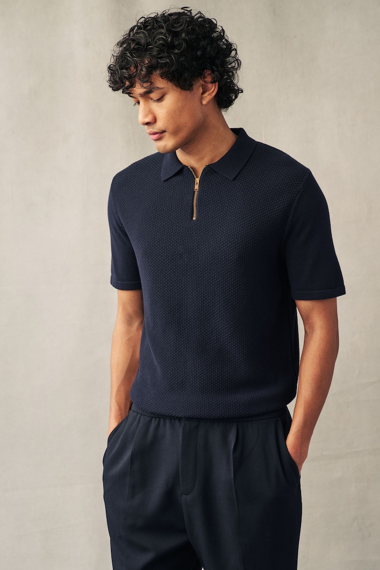 Navy Blue Regular Fit Knitted Bubble Textured 100% Cotton Polo Shirt - Image 2 of 4