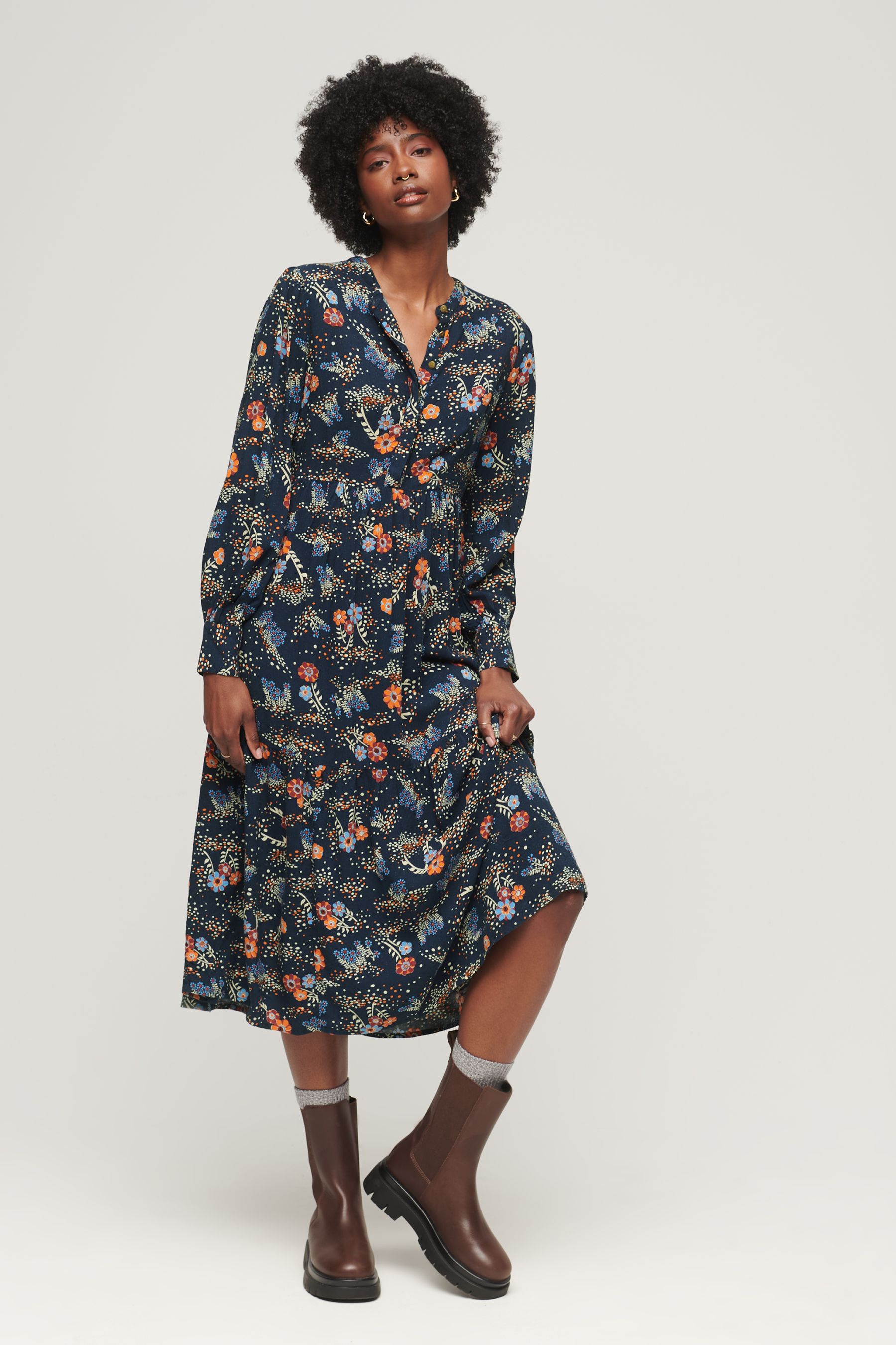 Long sleeve tiered midi dress clearance