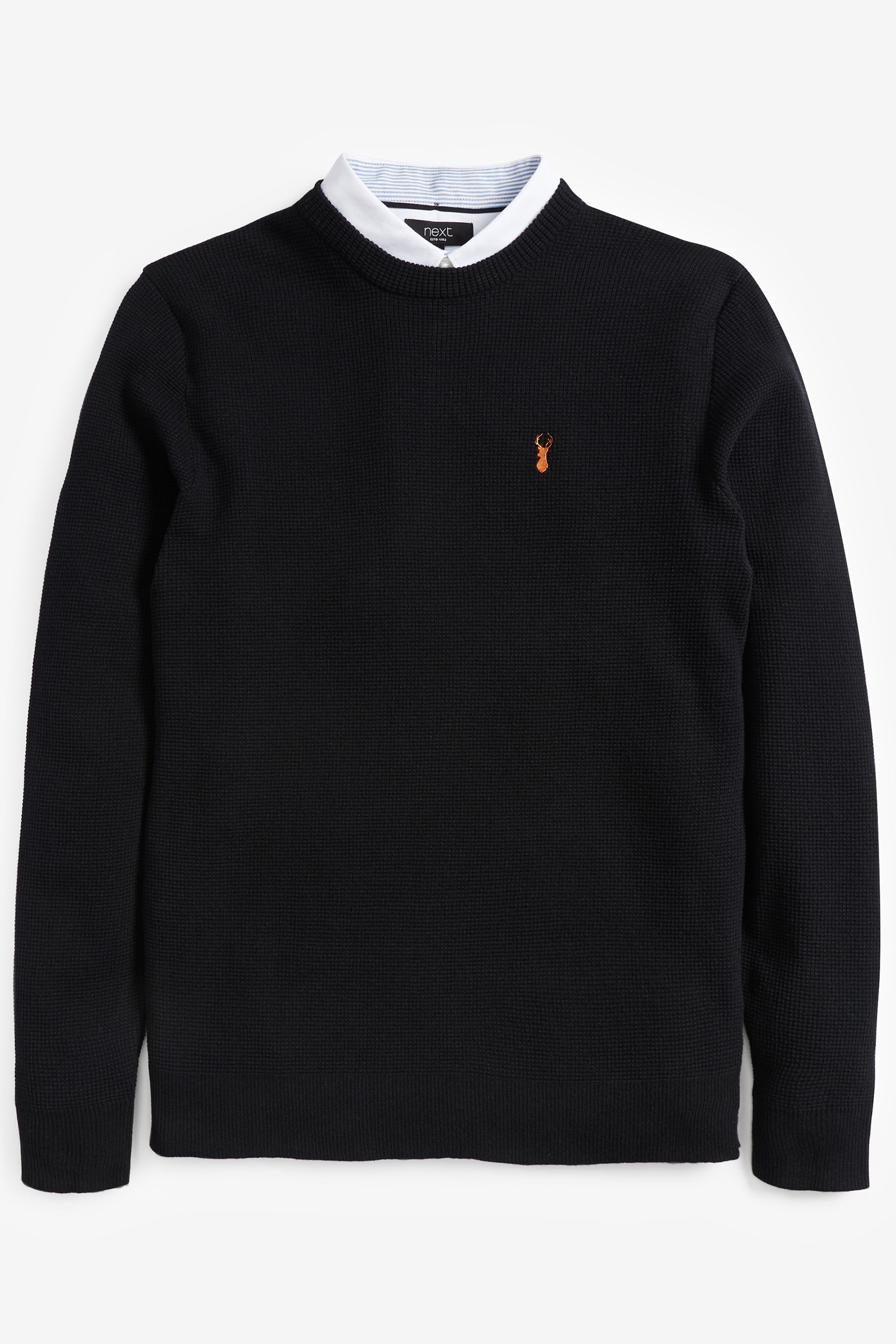 Black Oxford Crew Neck Regular Mock Shirt Jumper