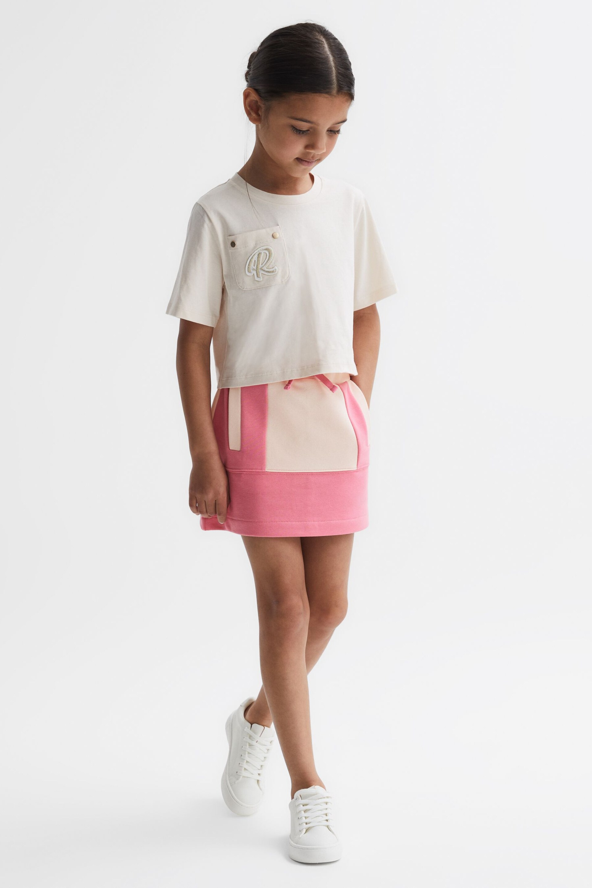 Reiss Pink Macey Junior Colourblock Cotton Drawstring Skirt - Image 3 of 6