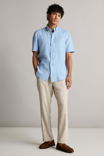 Blue Standard Collar Linen Blend Short Sleeve Shirt