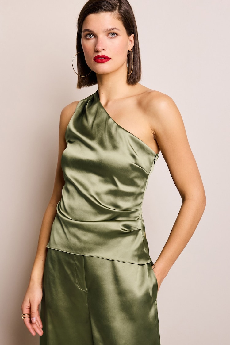 Green Satin One Shoulder Top - Image 1 of 6