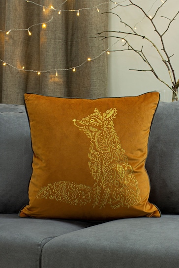 furn. Rust Orange/Gold Forest Fauna Embroidered Polyester Filled Cushion