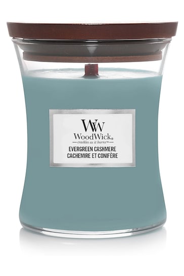 Woodwick Blue Medium Evergreen Cashmere Scented Jar Candle