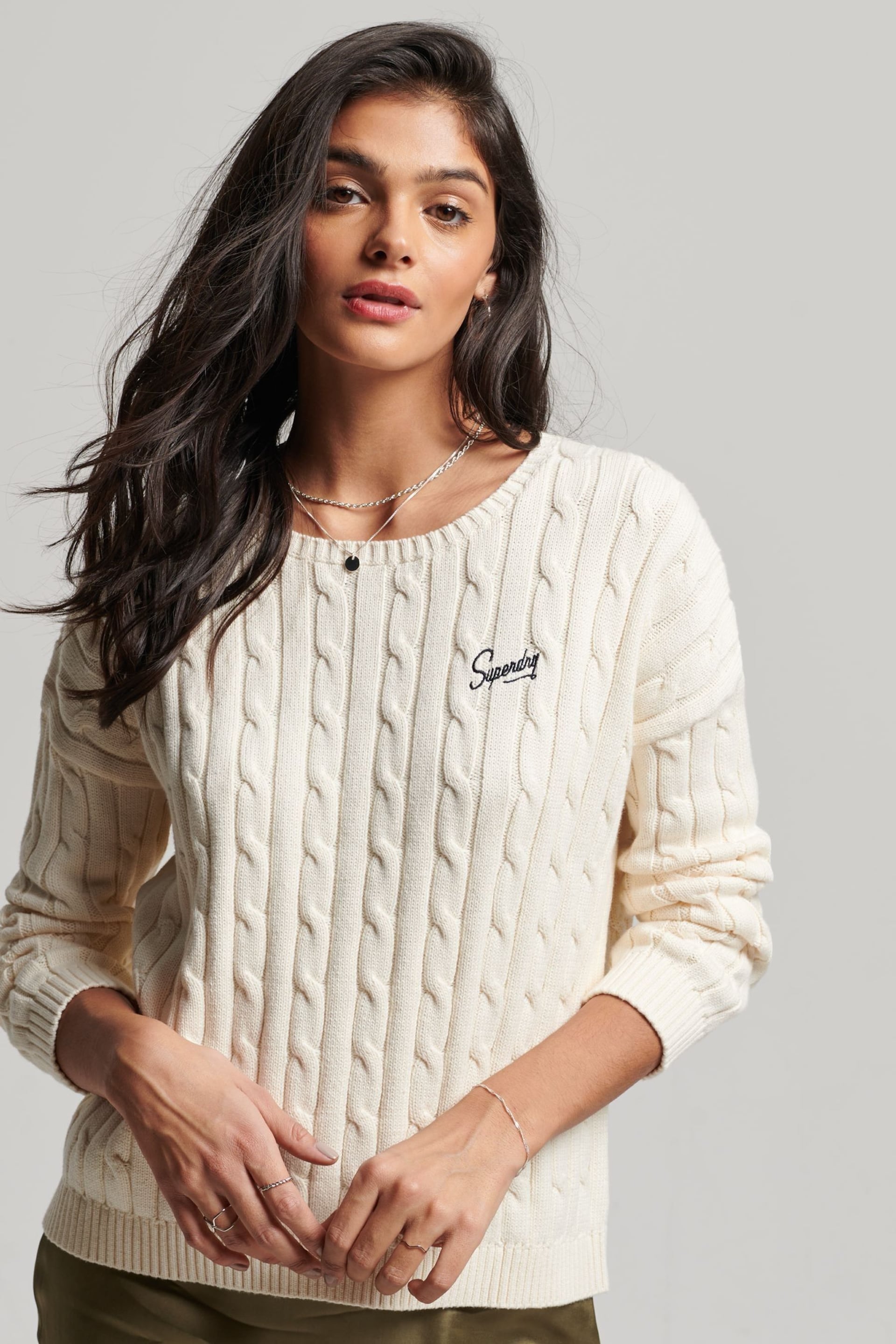 Superdry Cream Vintage Dropped Shoulder Cable Jumper - Image 1 of 5