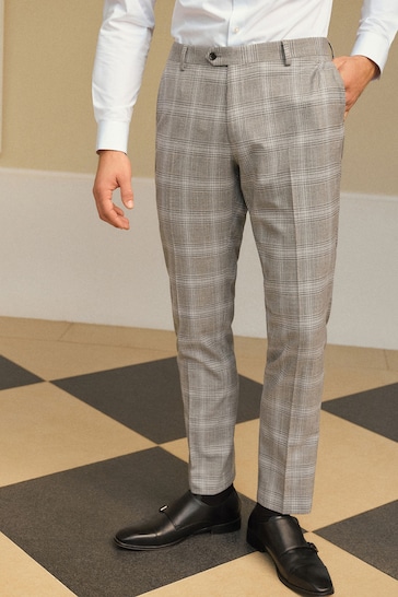 Light Grey Slim Fit Check Suit Trousers