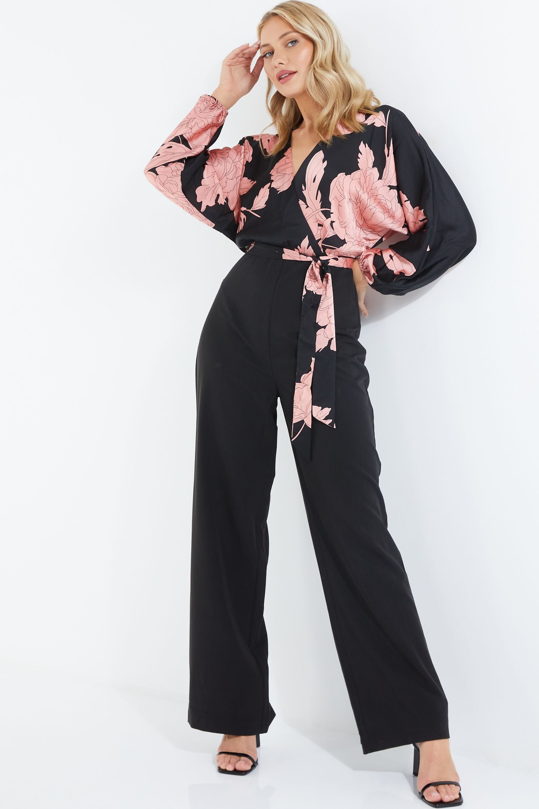Buy Quiz Black Satin Floral Wrap Palazzo Jumpsuit from Next Luxembourg