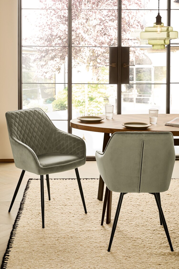 Set of 2 Soft Velvet Dark Sage Green Hamilton Arm Dining Chairs - Image 1 of 8