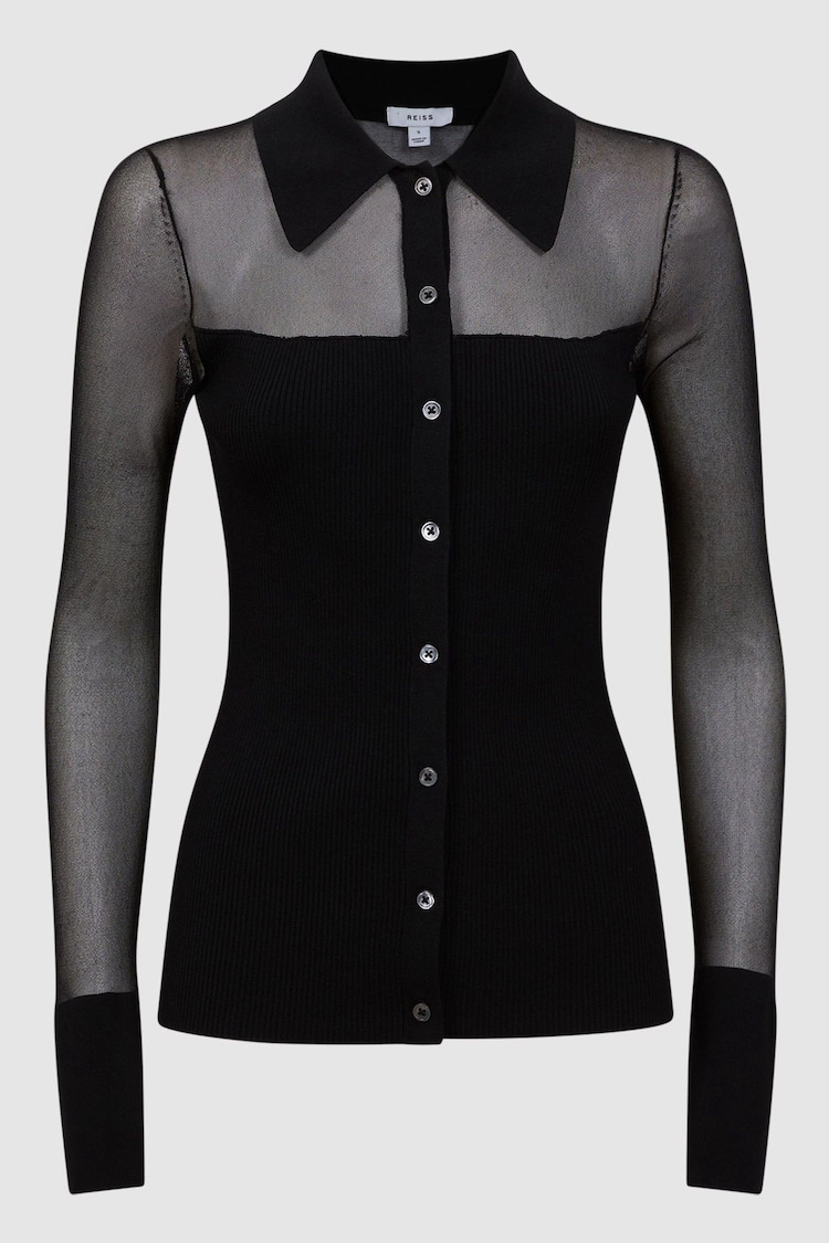 Reiss Black Nelly Sheer Knitted Button-Through Top - Image 2 of 4