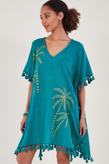 Monsoon Blue Palm Tree Embroidered Kaftan
