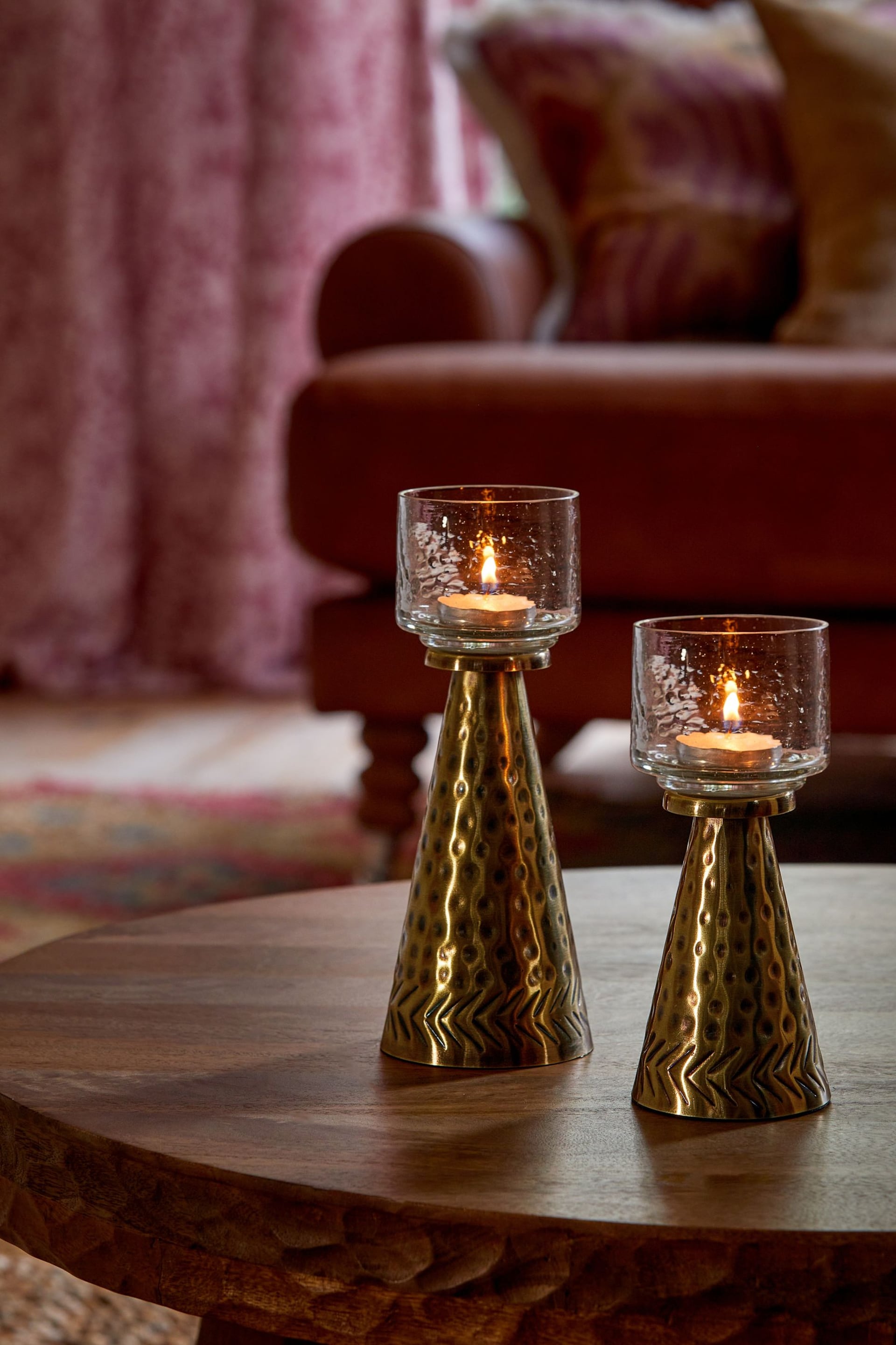 Gold Hammered Metal and Glass Tealight Candle Holder Set of 2 - Image 2 of 4