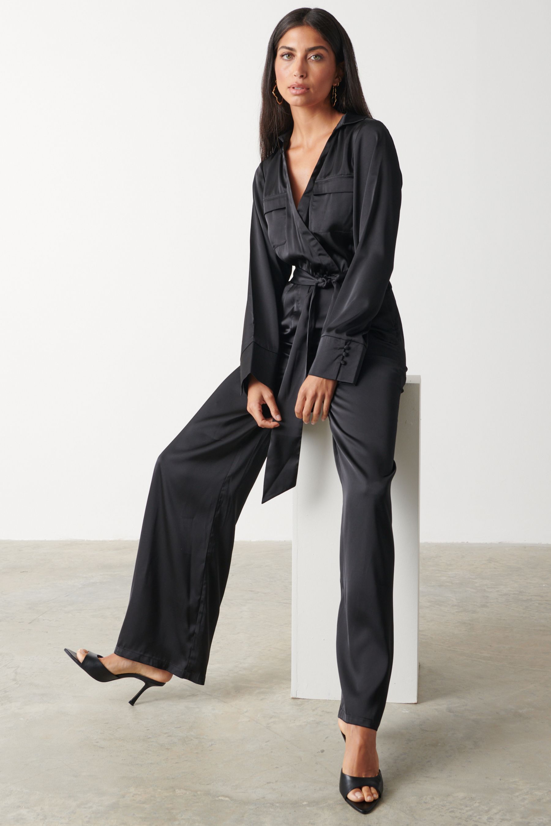 Buy Pretty Lavish Black Carmen Satin Jumpsuit from the Next UK