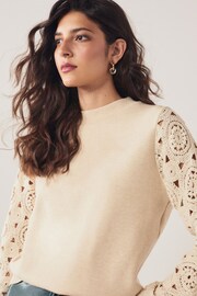 Ecru White Crochet Insert Sleeve Cosy Crewneck Long Sleeve Jumper Top - Image 1 of 7