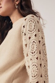 Ecru White Crochet Insert Sleeve Cosy Crewneck Long Sleeve Jumper Top - Image 5 of 7