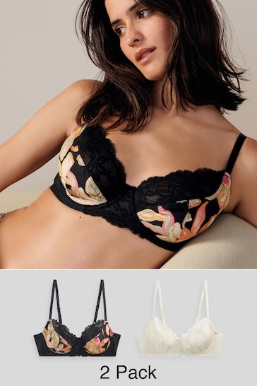 Black Floral Print/Cream Non Pad Full Cup Bras 2 Pack