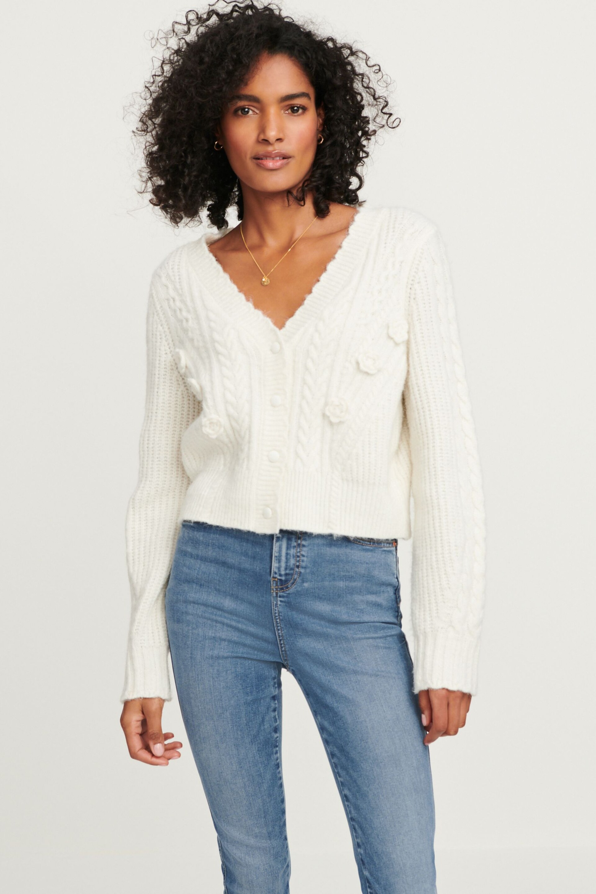 Ecru White Cable Detail Flower Cardigan - Image 1 of 6