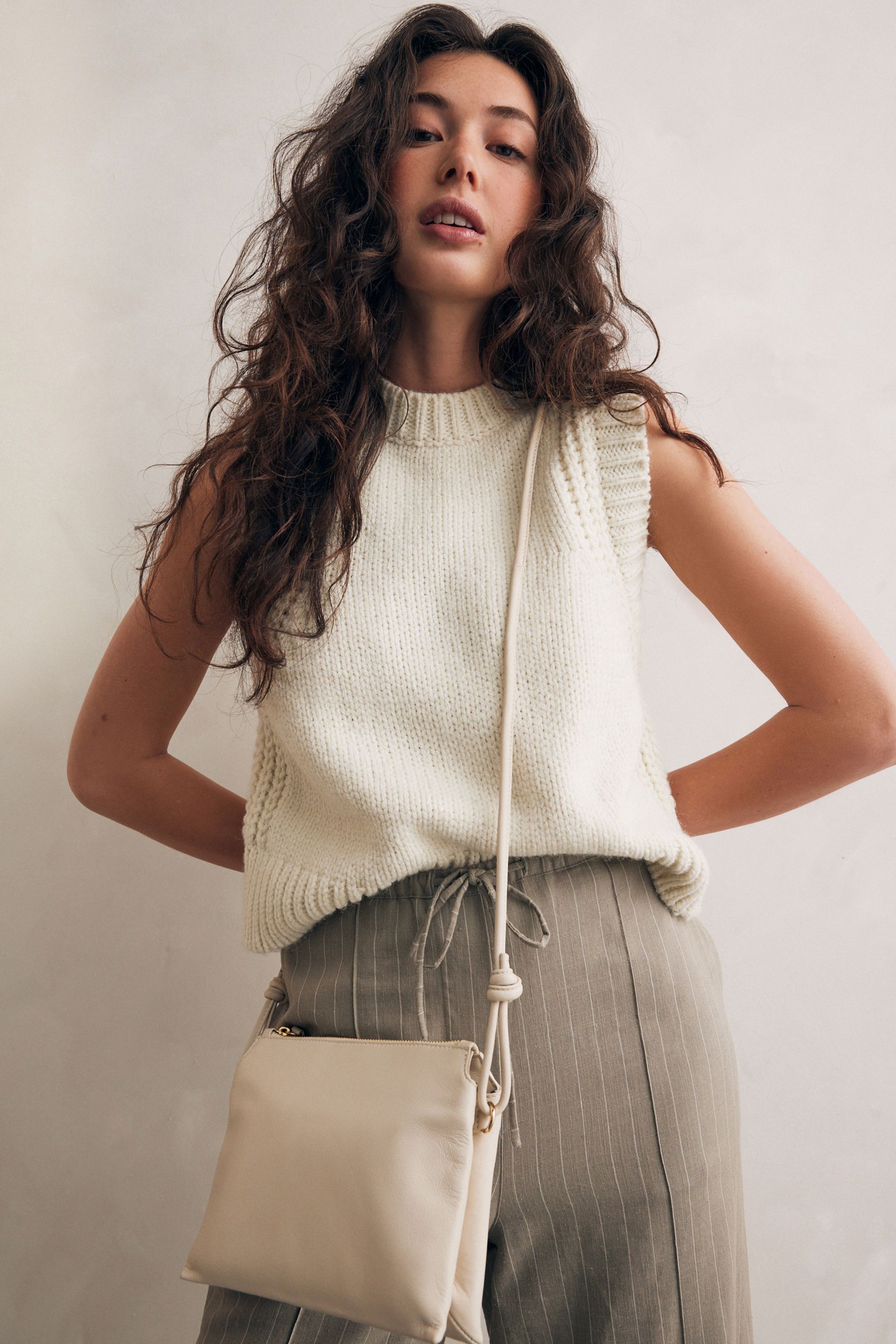 Bone Cream Leather Cross Body Bag