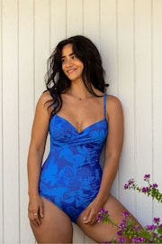 Pour Moi Blue Tropical Lightly Padded Underwired Twist Front Control Swimsuit - Image 1 of 4