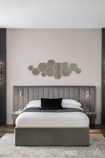 Opulent Velvet Steel Grey Mayfair Upholstered Hotel Bed Frame with Ottoman Storage Bedside Tables and Lights
