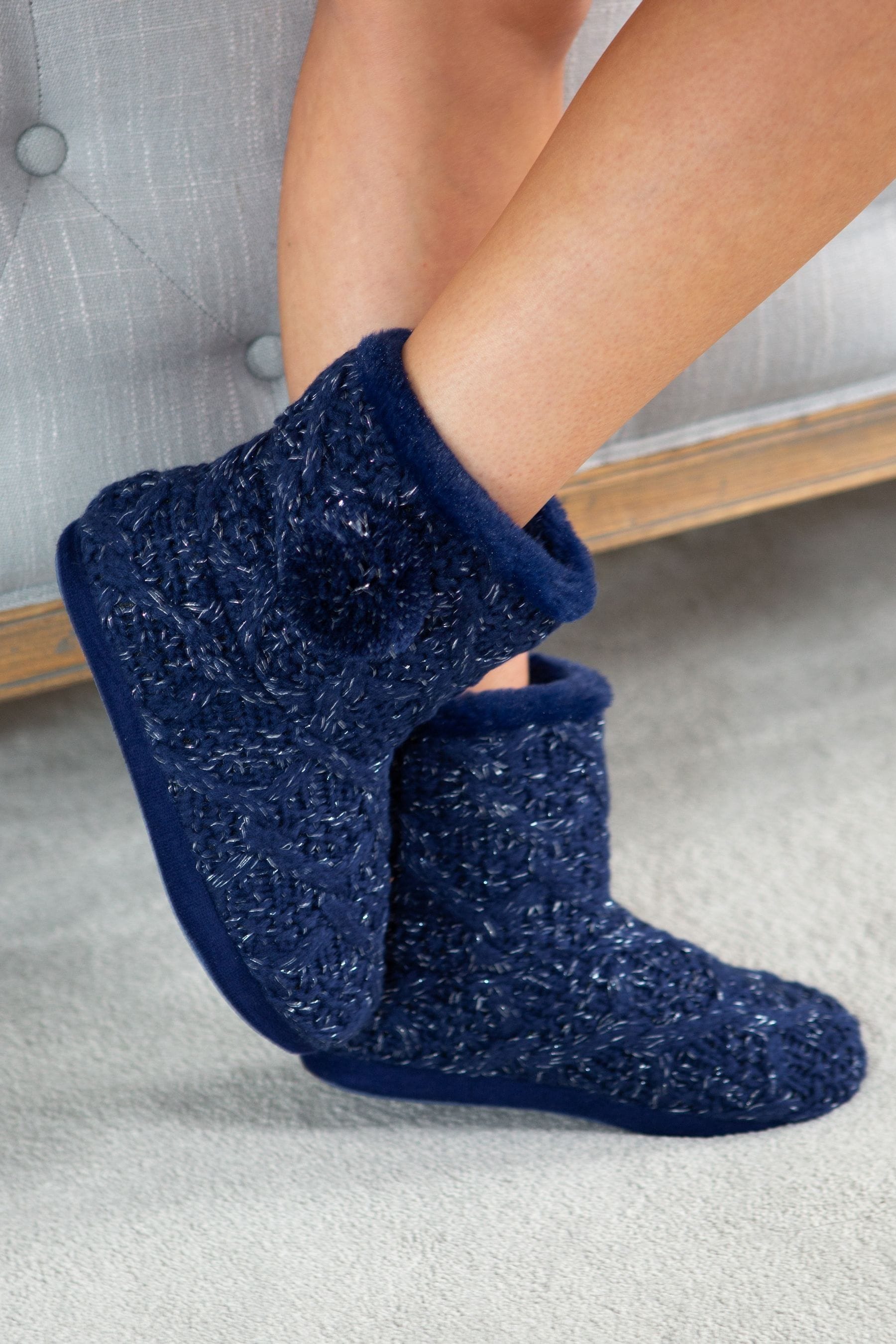 Pour Moi Blue Cable Knit Faux Fur Lined Bootie Slippers 3 4 Womens