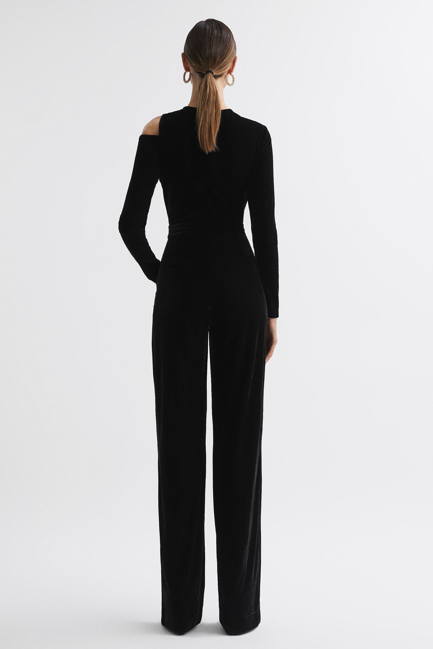Reiss Black Adele Petite Velvet Off The Shoulder Jumpsuit