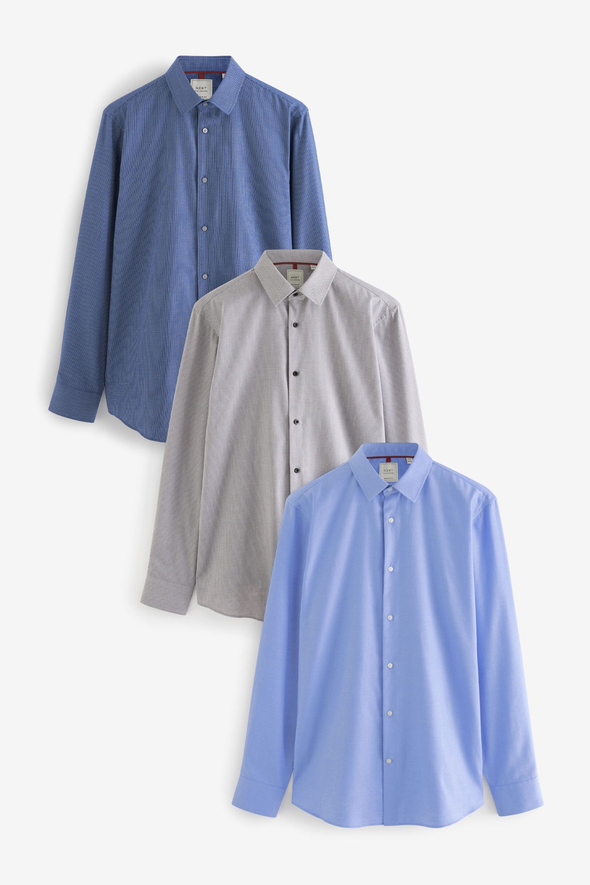 Blue/Grey Textured Regular Fit Easy Care Single Cuff Shirts 3 Pack - Image 1 of 14