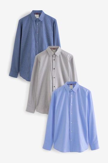 Blue/Grey Textured Regular Fit Easy Care Single Cuff Shirts 3 Pack