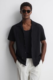 Reiss Black Scorpios Crochet Cuban Collar Button Through T-Shirt - Image 1 of 4