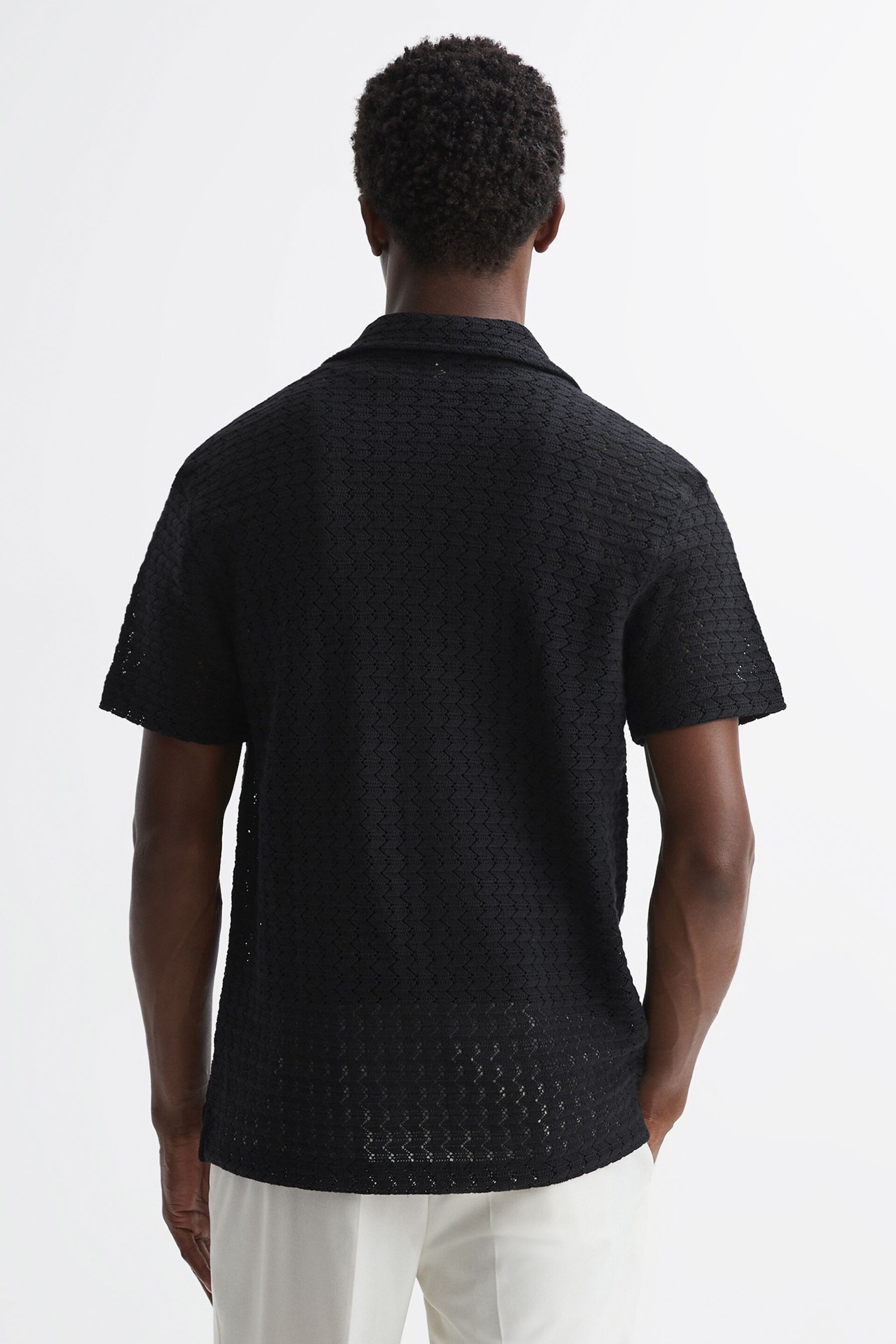 Reiss Black Scorpios Crochet Cuban Collar Button Through T-Shirt - Image 4 of 4
