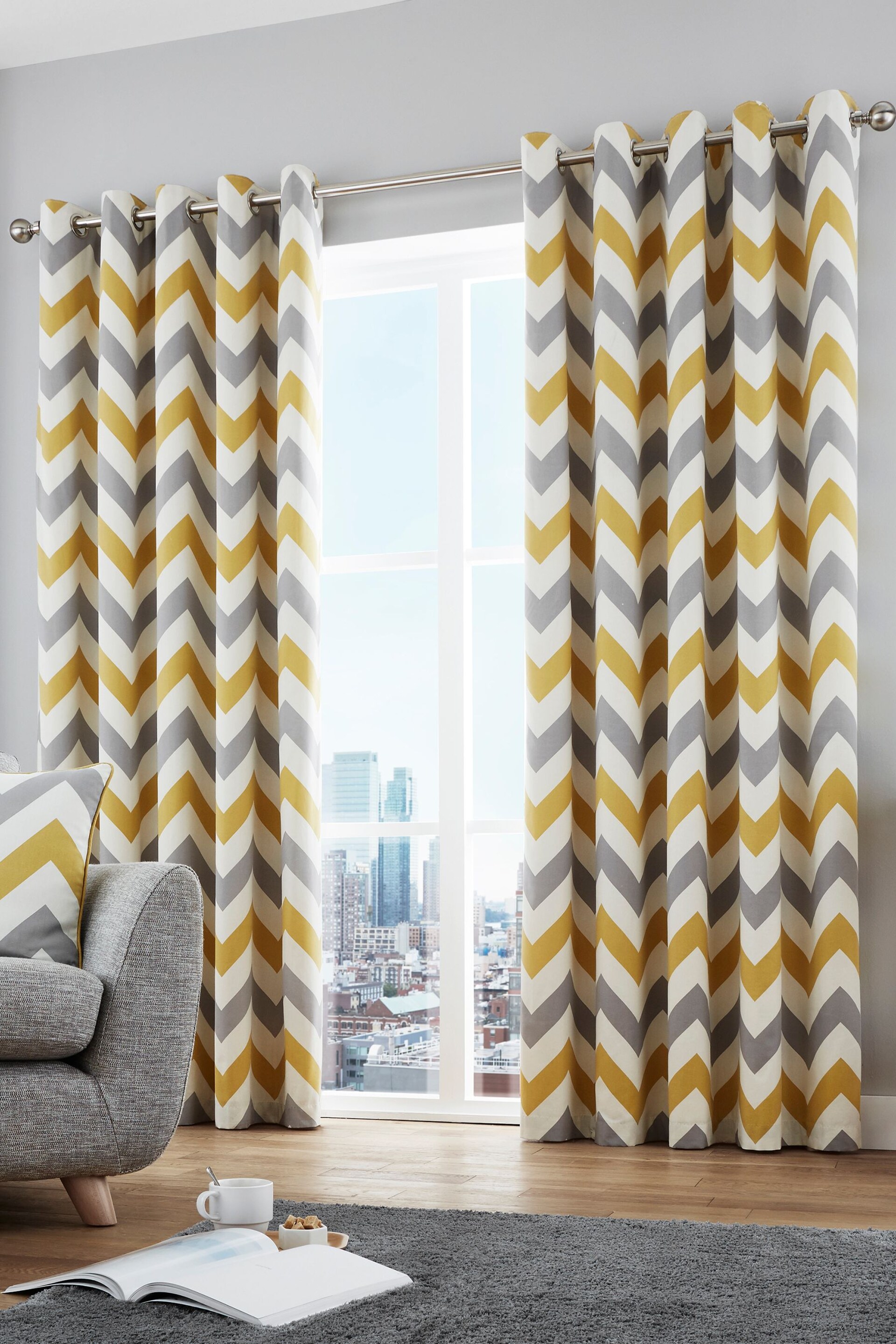 Fusion Ochre Yellow Chevron Geo Lined Eyelet Curtains - Image 1 of 3