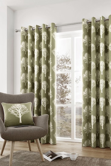 Fusion Green Woodland Trees Eyelet Curtains