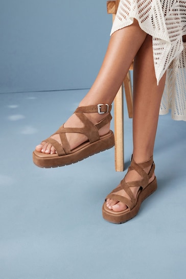 Tan Brown Forever Comfort® Leather Strappy Flatform Sandals