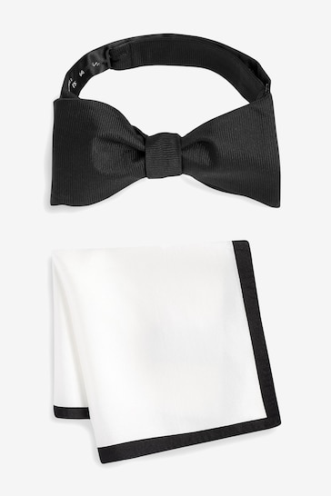 Black/White Signature Self-Tie Bow Tie And Pocket Square Set