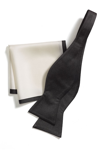 Black/White Signature Self-Tie Bow Tie And Pocket Square Set
