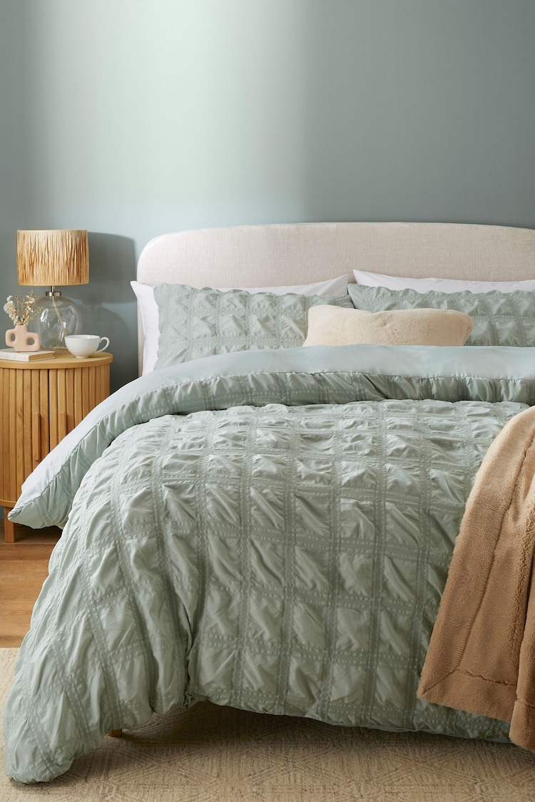 Sage Green Seersucker Supersoft Textured Duvet Cover and Pillowcase Set - Image 1 of 4