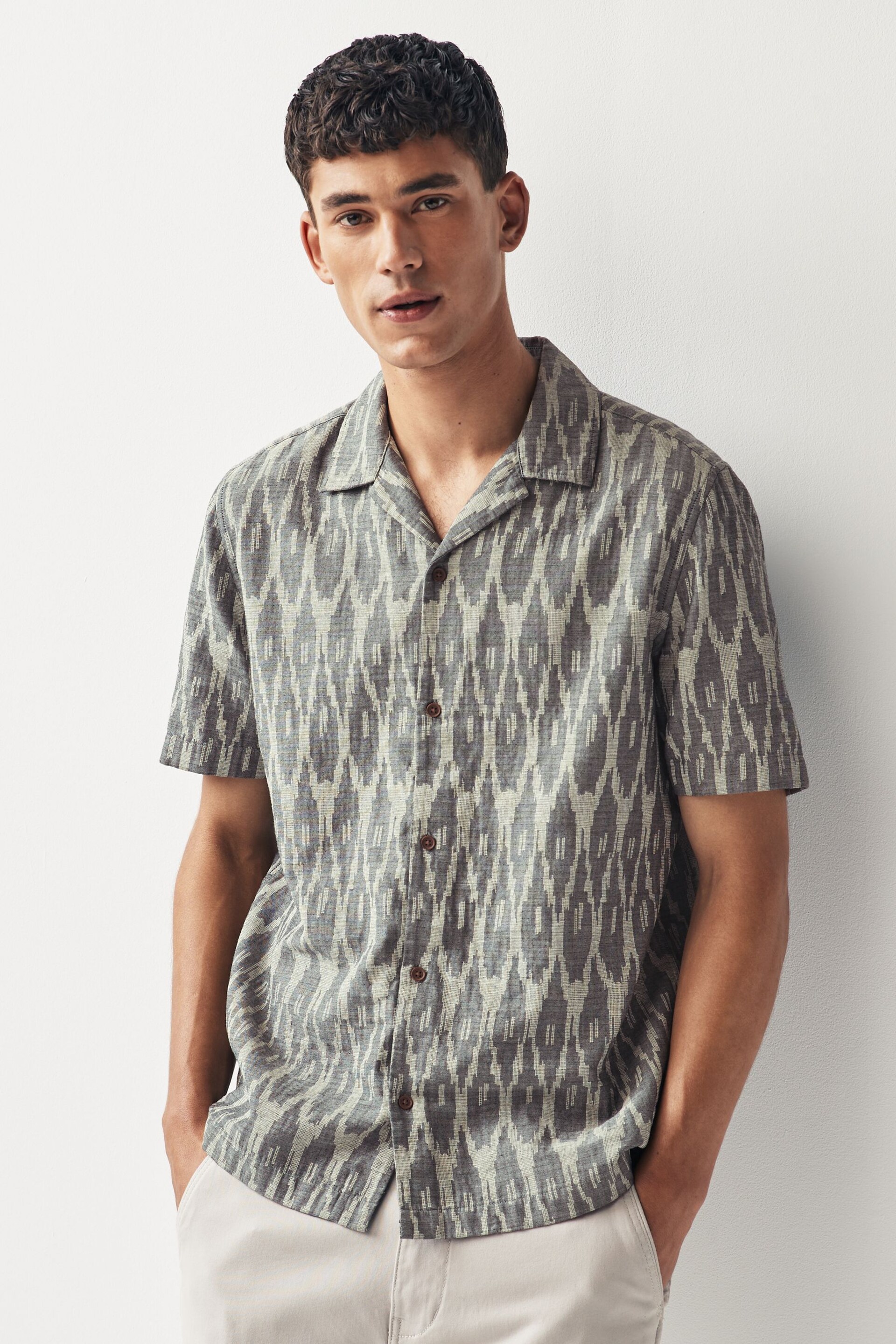 Grey Textured Short Sleeve Shirt With Cuban Collar - Image 1 of 7