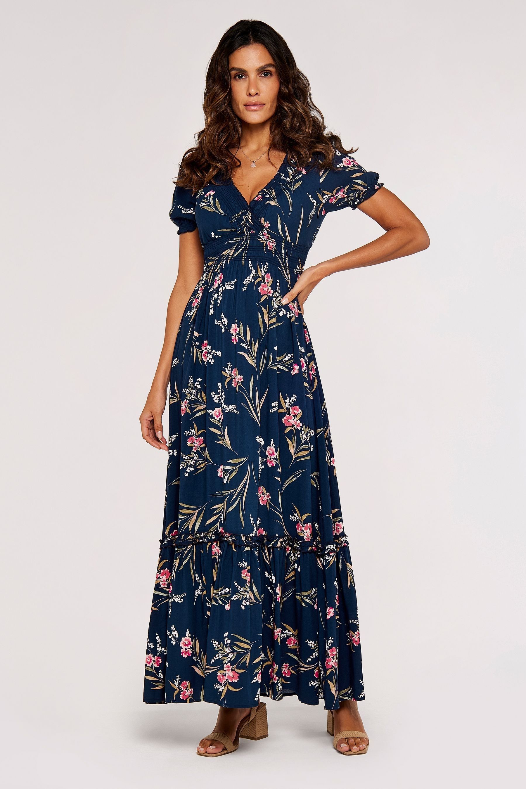 Buy Apricot Blue Multi Watercolour Floral Smock Maxi Dress from