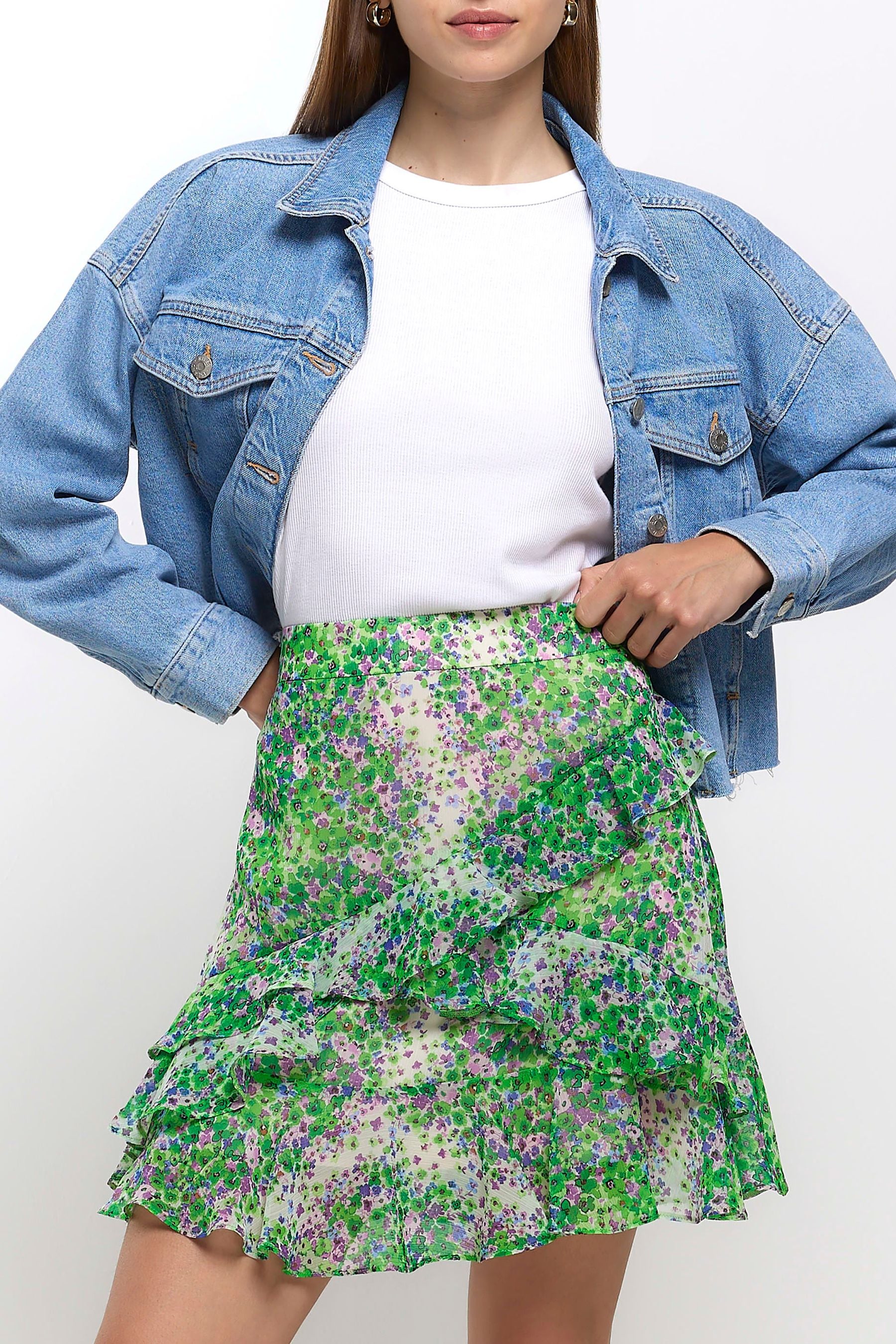 Buy River Island Green Floral Mini Flounce Skirt from Next Luxembourg