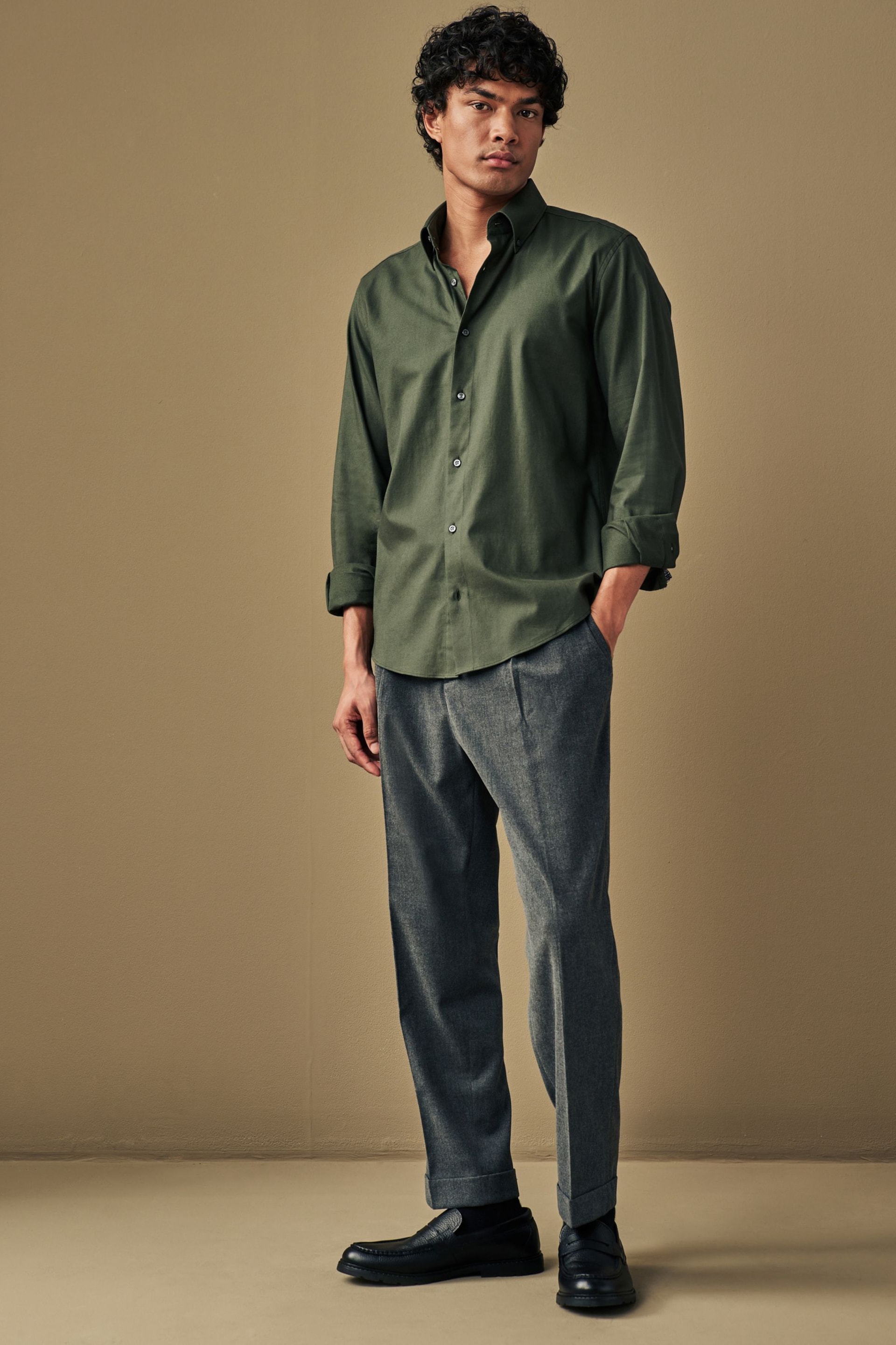 Forest Green Regular Fit Brushed Flannel Shirt - Image 2 of 7