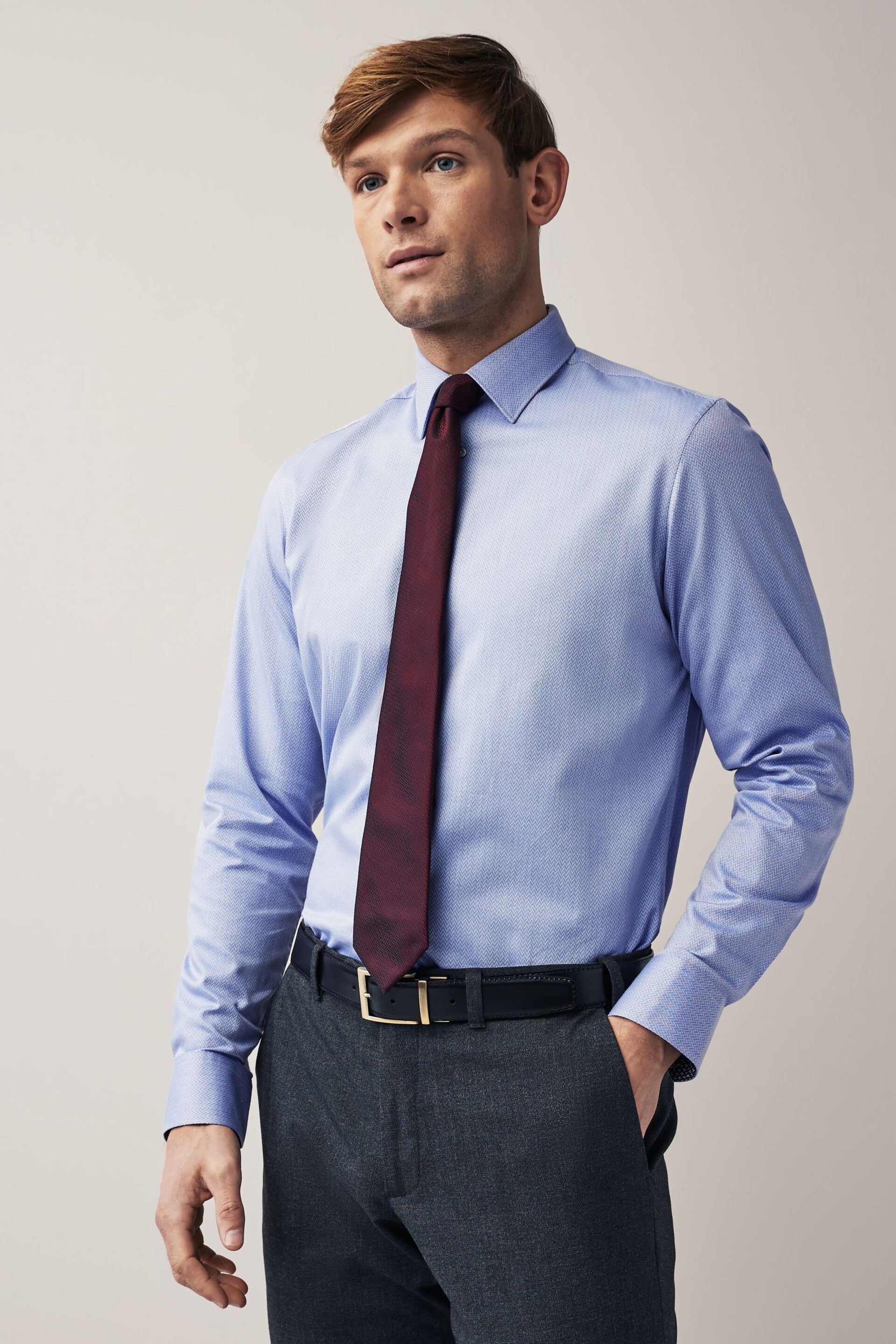 Light Blue/Burgundy Red Textured Regular Fit Single Cuff Shirt And Tie Pack - Image 1 of 8