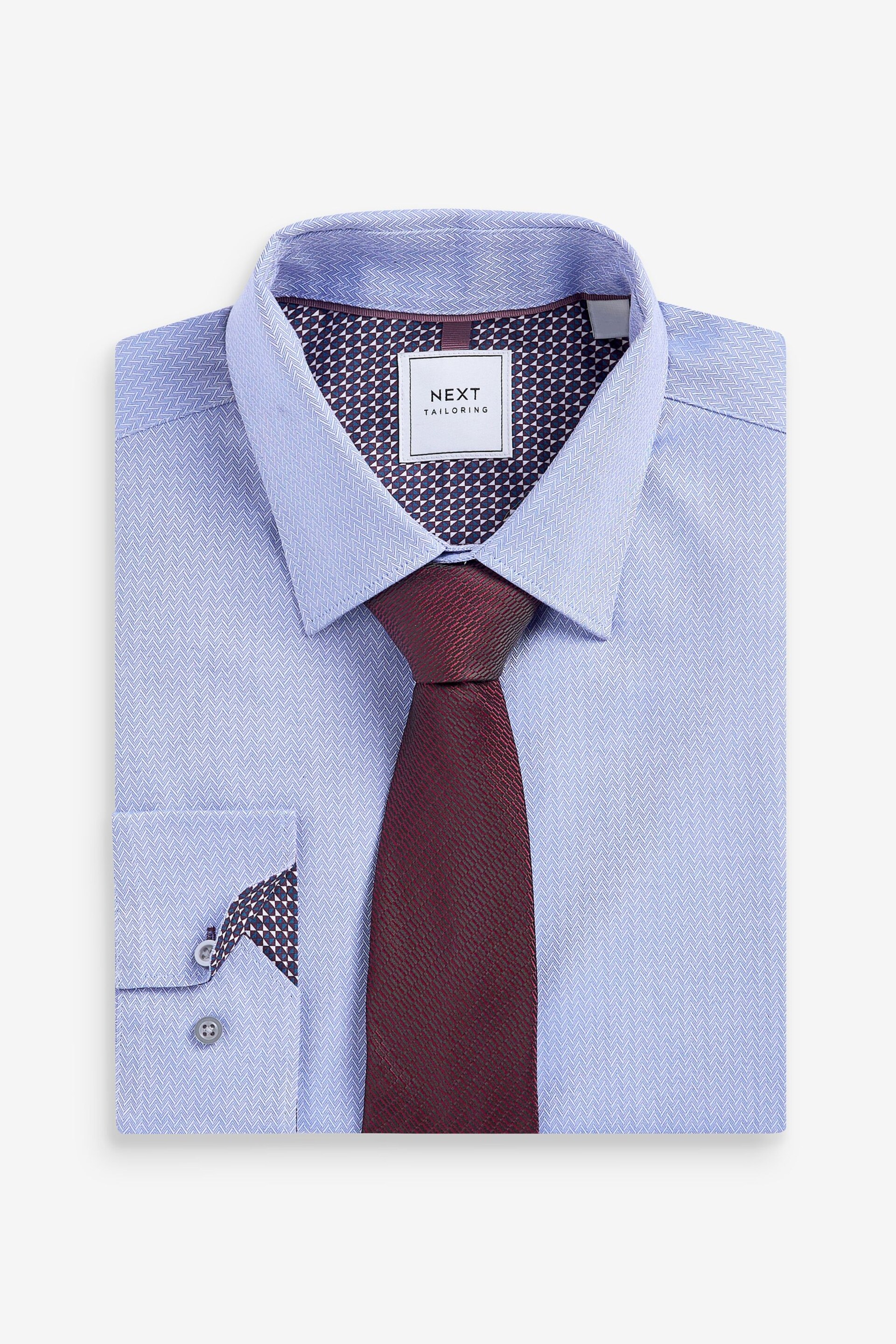Light Blue/Burgundy Red Textured Regular Fit Single Cuff Shirt And Tie Pack - Image 6 of 8
