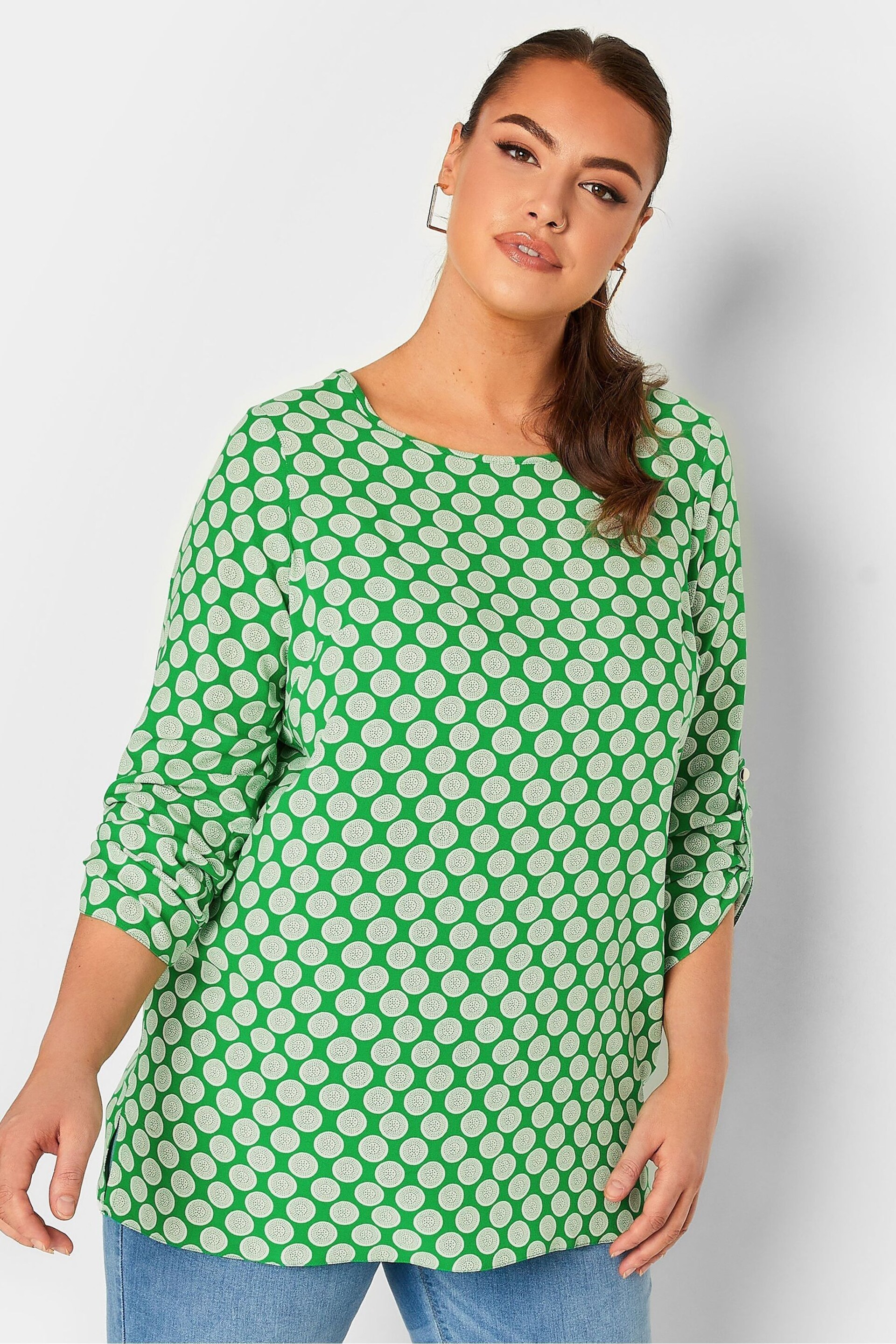 Yours Curve Green Tab Sleeve Blouse - Image 1 of 4