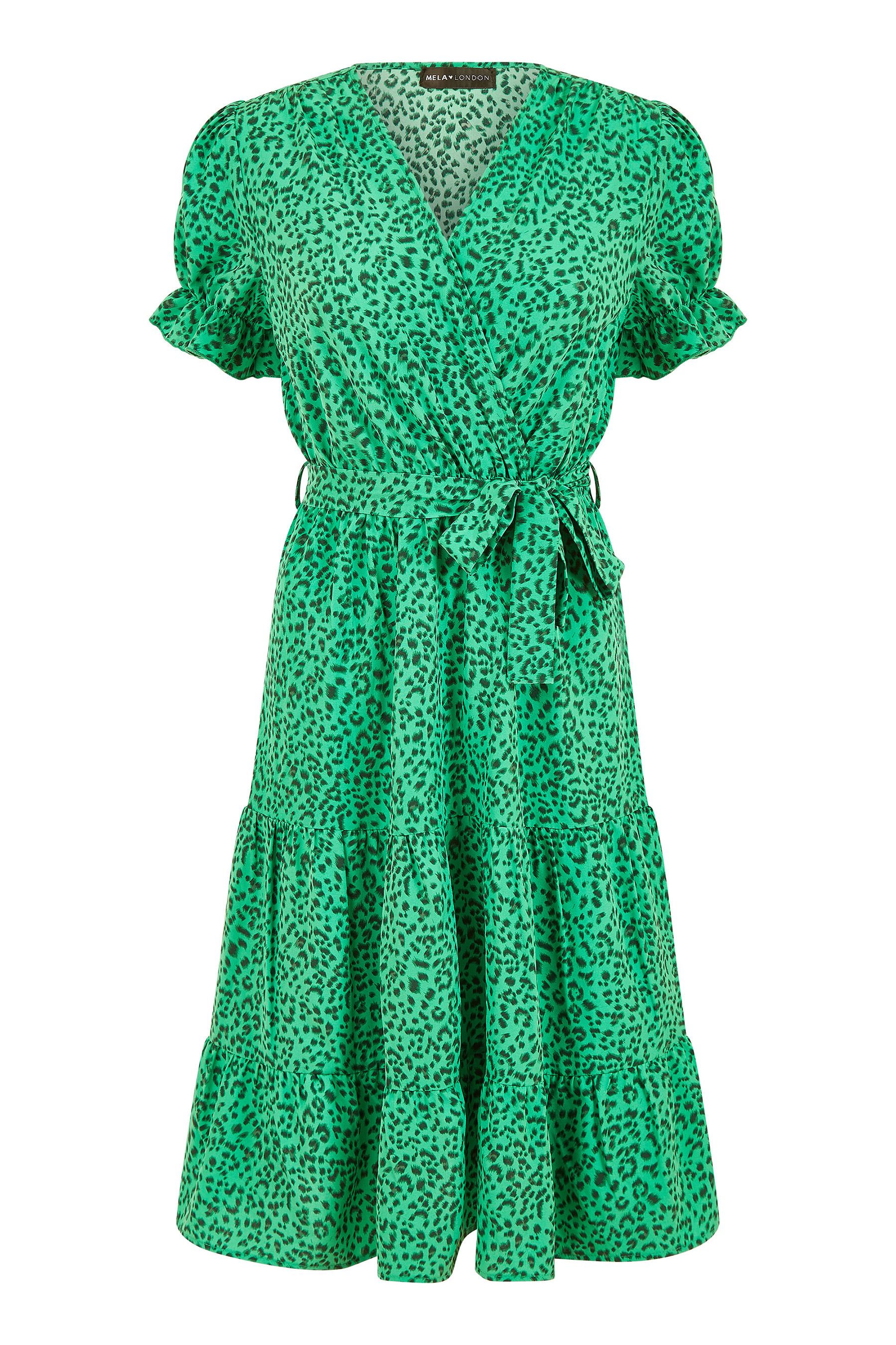Buy Mela Green Animal Print Midi Wrap Dress With Ruffle Sleeves
